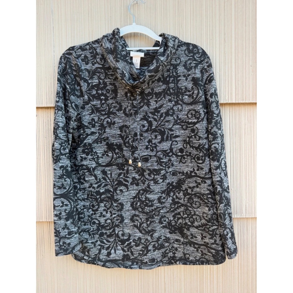 Chicos Weekends Gray Black Damask Floral Cowl Neck Pullover Top Size 1 M